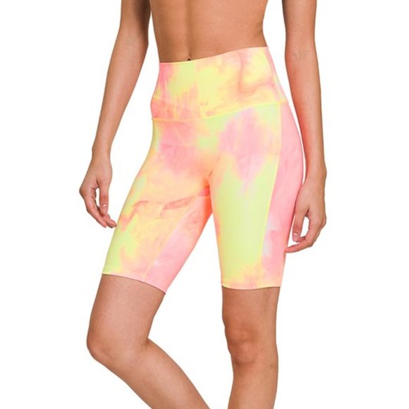 🎉ZENANA Small Neon Yellow Biker, Exercise, High Waist Athletic Tie Dye Shorts - Picture 1 of 6